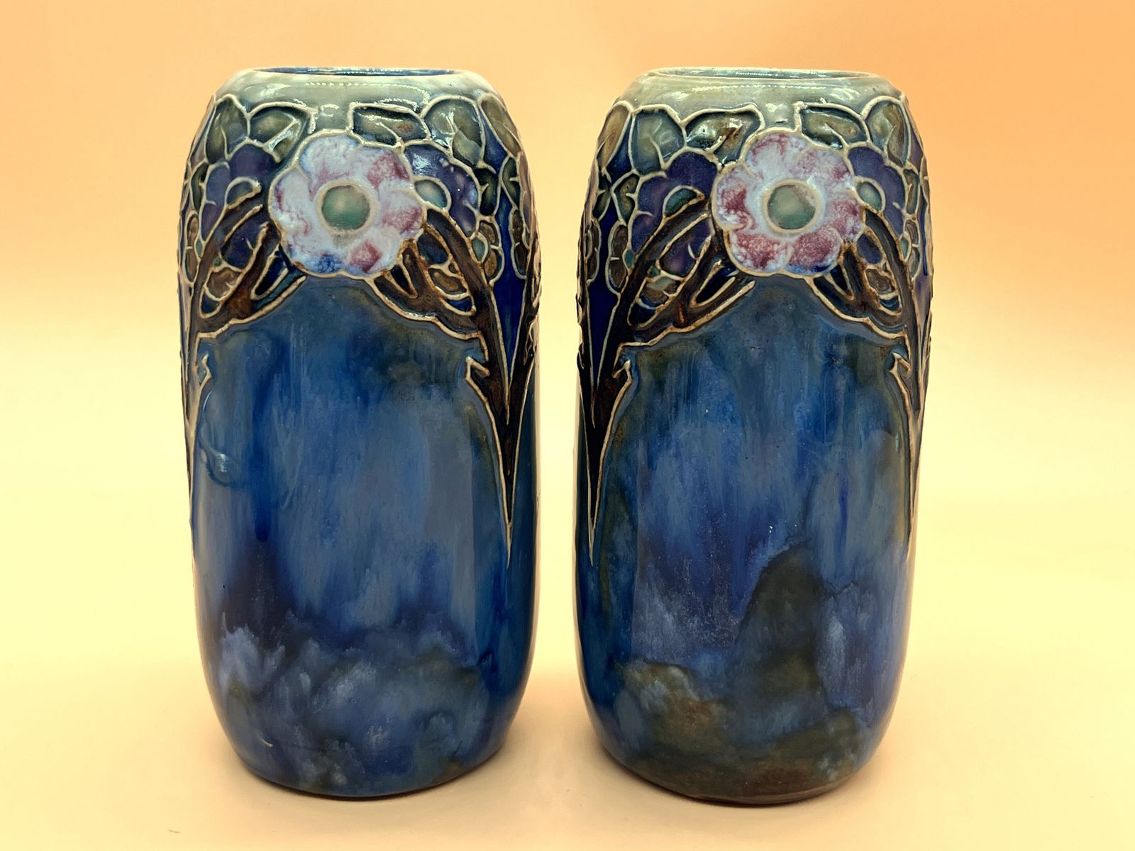Antique Pair Of Lily Partington Royal Doulton Pottery Vases. 8724. C1900.