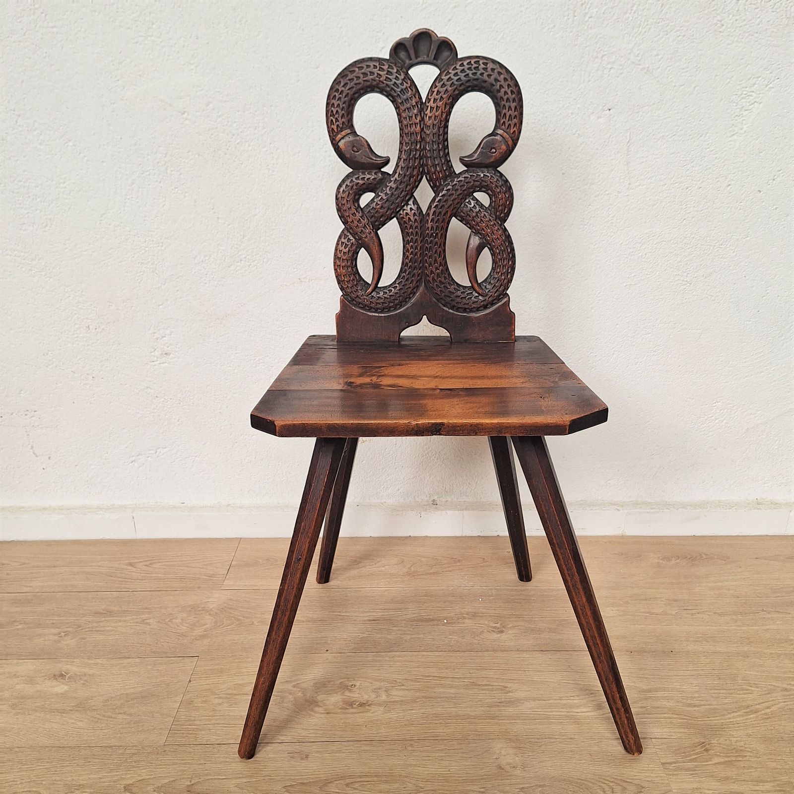 Swiss Alps Folk Art Escabelle Wooden Chair, 1820s
