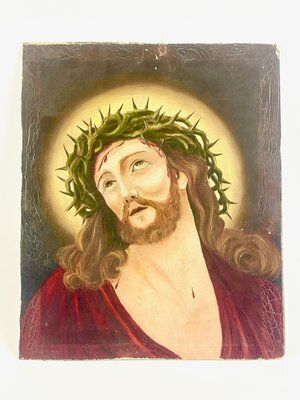 The Face Of Christ Jesus With Crown Of Thorns, Oil On Cardboard, 19th Century
