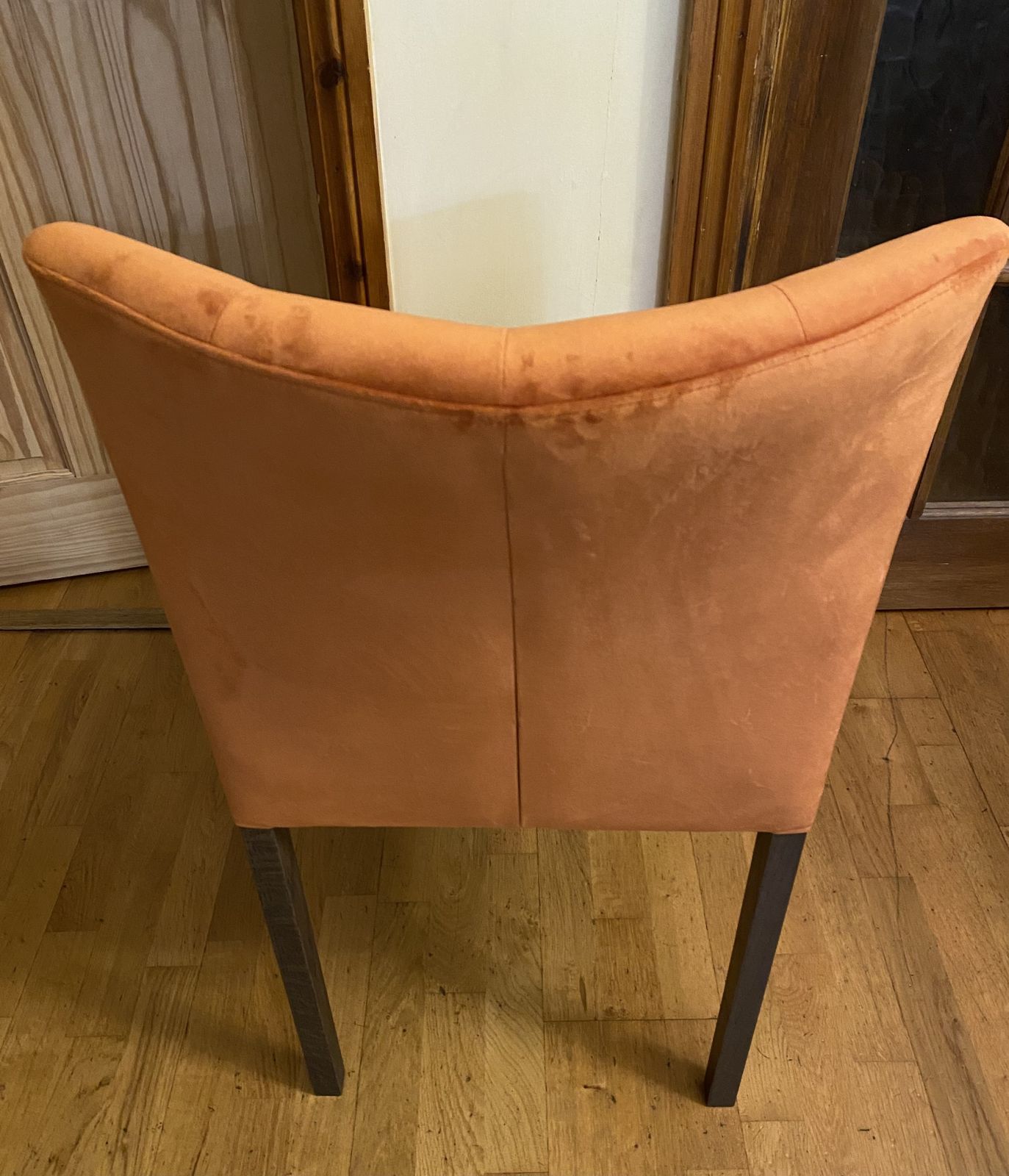 Dark Oak Low Back Harvest Pumpkin Velvet Fabric Chairs X 4 photo vinterior