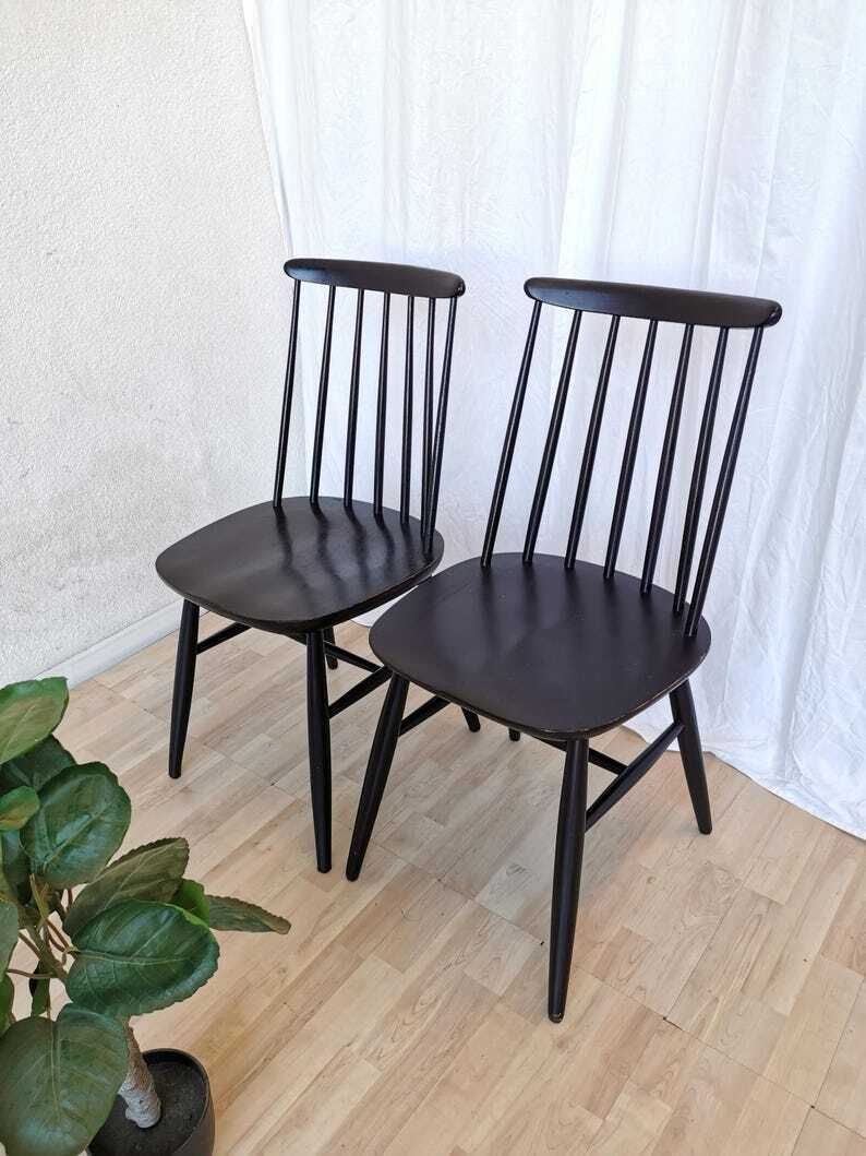Set Of 2 Vintage Black Wooden Dining Chairs In Ilmari Tapiovaara Style / Stol Kamnik 1960s / Mid Century Dine Chair In Scandinavian Design
