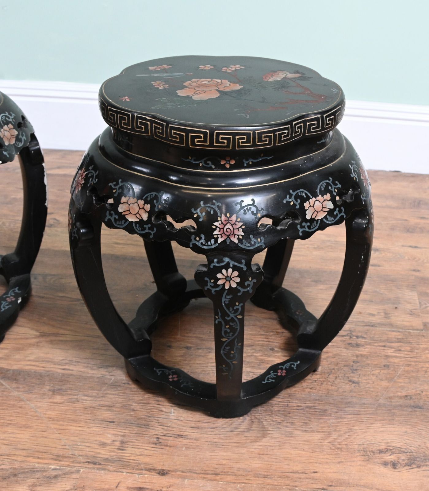 Pair Chinese Plant Stands Lacquered Painted Pedestal Table 1920 photo Home Decor