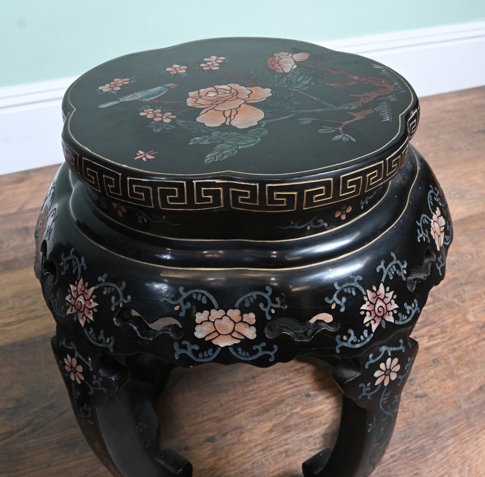 Pair Chinese Plant Stands Lacquered Painted Pedestal Table 1920 photo vinterior