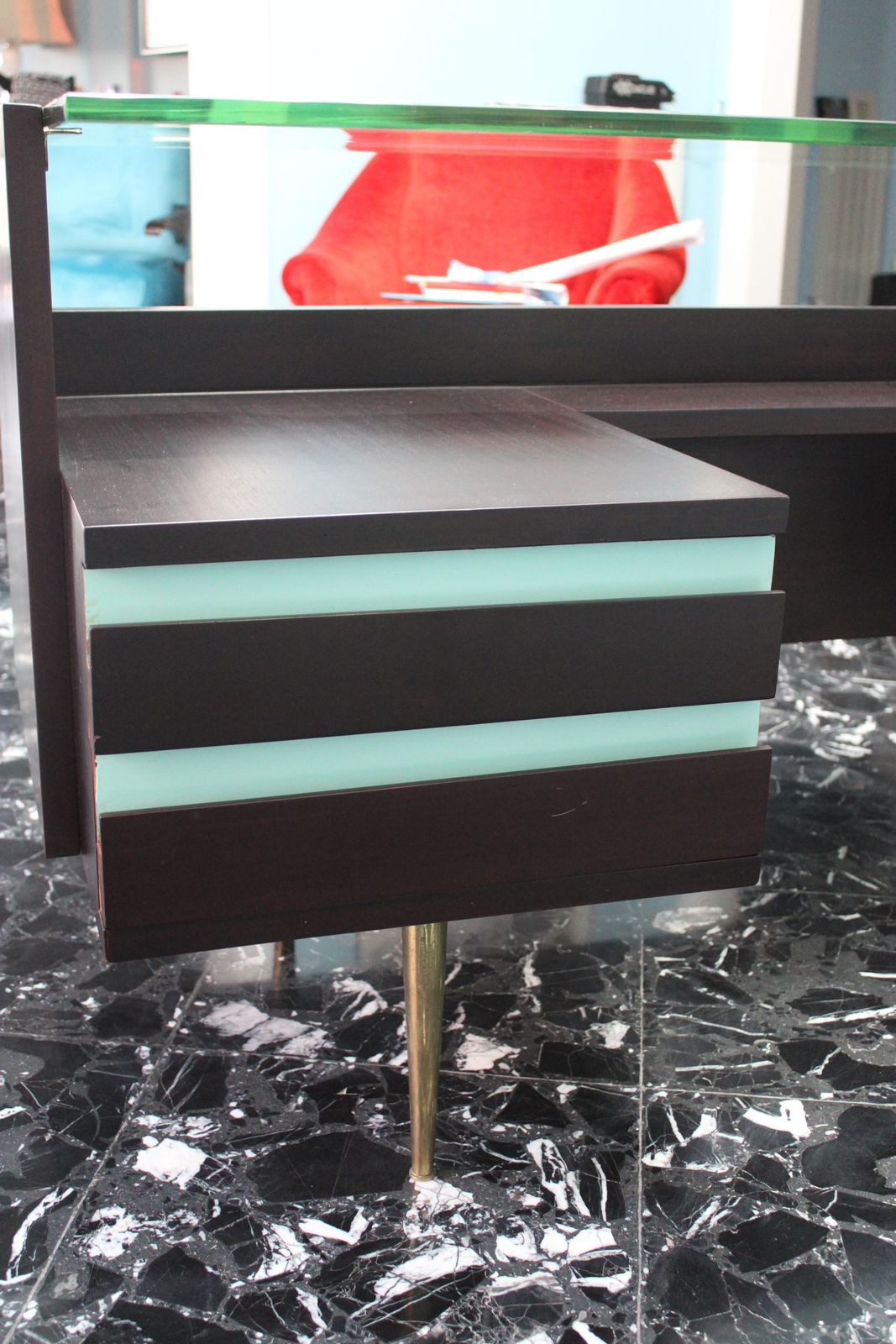 Mid Century Desk Wood Brass And Laminate Crystal Top Gio Ponti Style photo buy