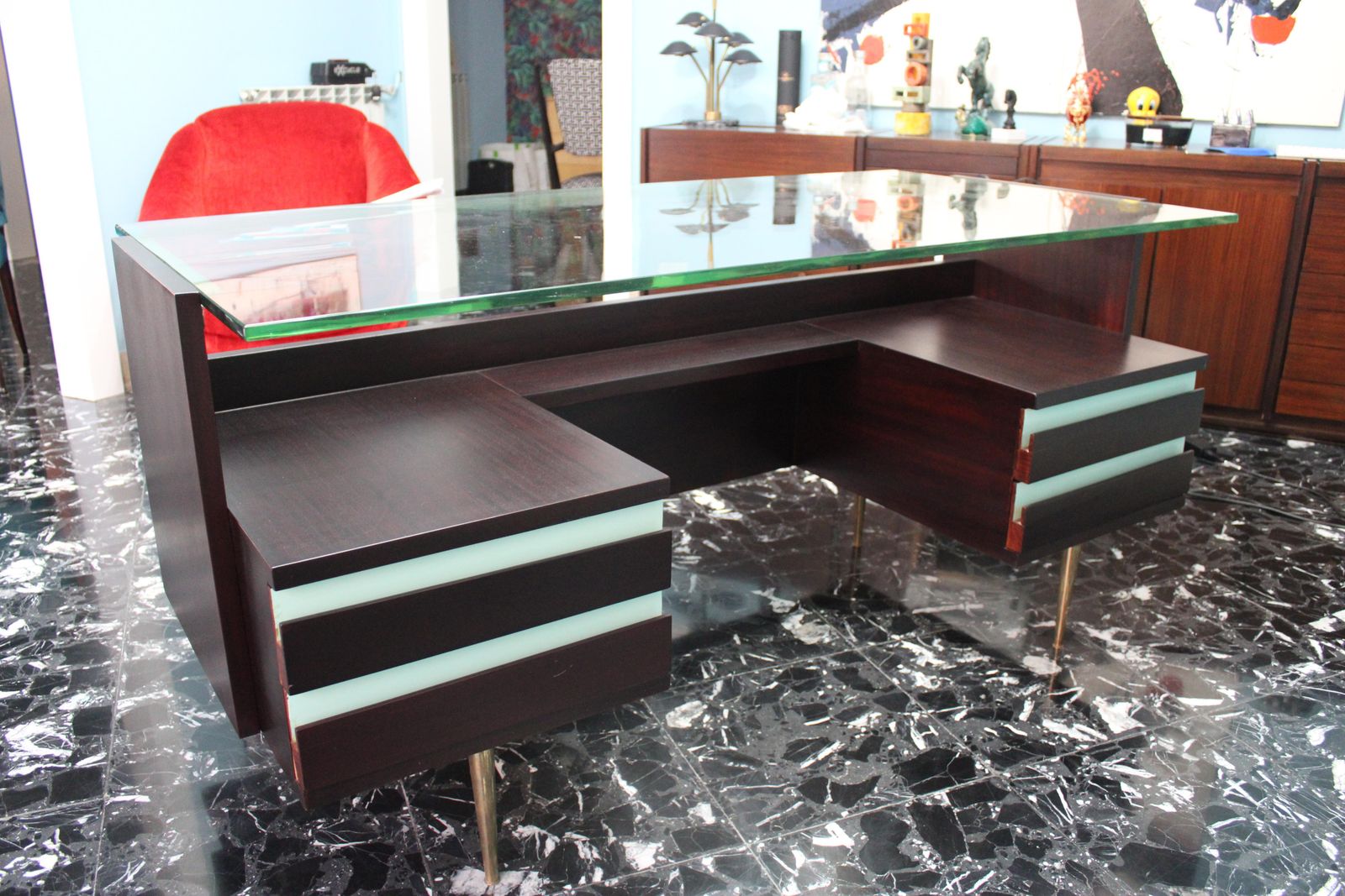 Furniture Mid Century Desk Wood Brass And Laminate Crystal Top Gio Ponti Style photo
