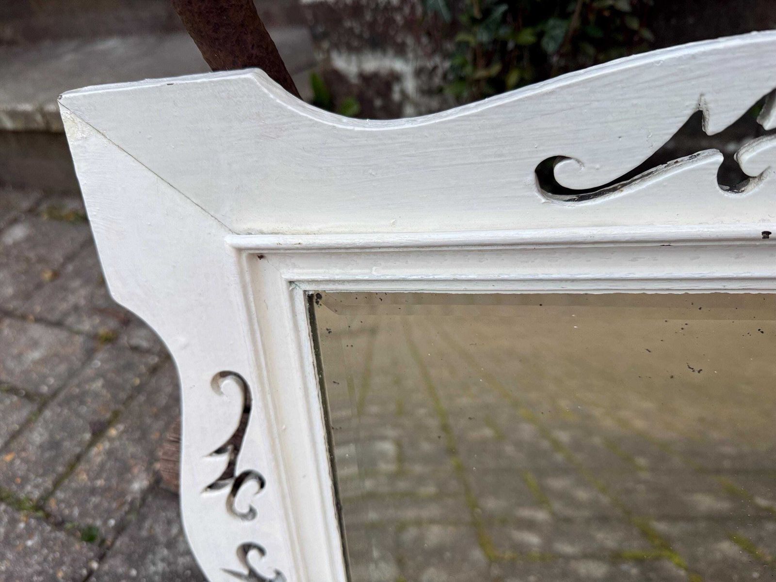 Antique Painted Wall Mirror, Decorated Mirror Frame, Bevelled Glass – Attractive Small Painted Vintage Mirror (50cm X 40cm) photo furniture