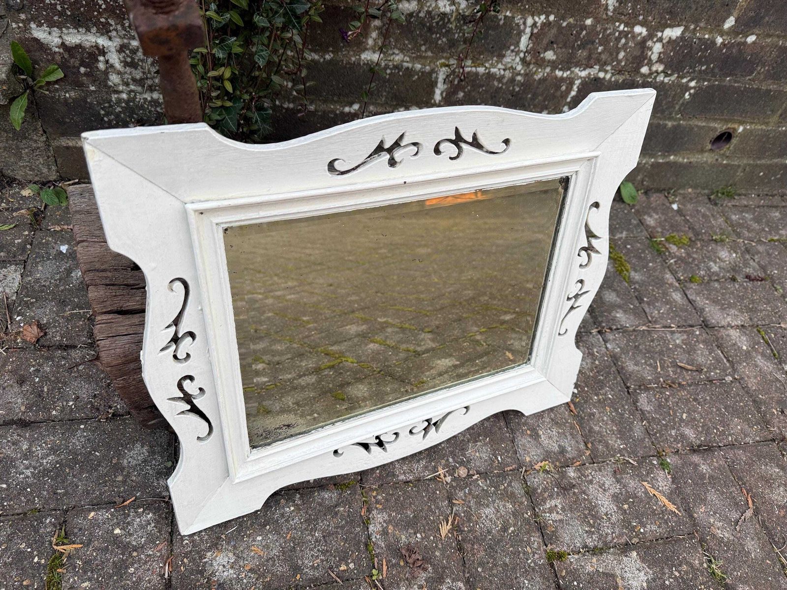 photo for sale Antique Painted Wall Mirror, Decorated Mirror Frame, Bevelled Glass – Attractive Small Painted Vintage Mirror (50cm X 40cm)
