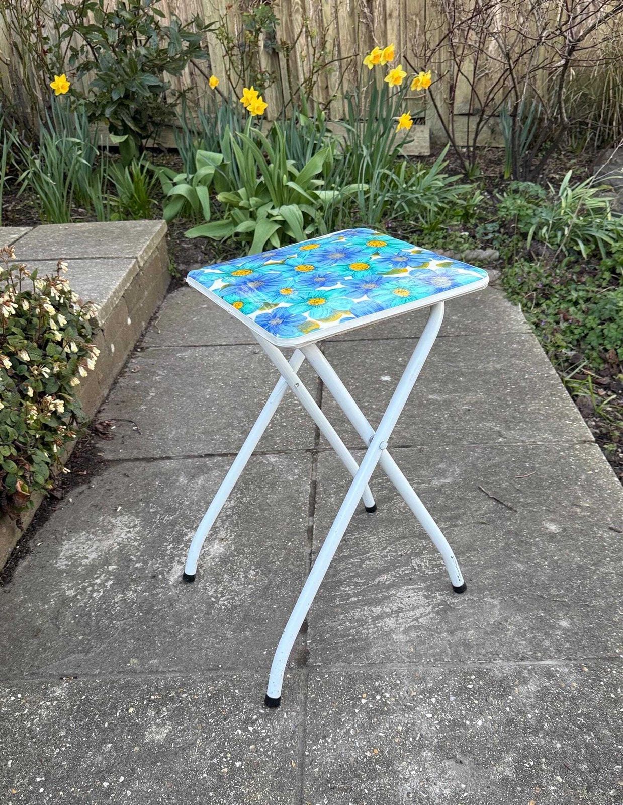 Retro Bright Blue Folding Floral Stool   Vintage Kitchen Stool, Folding Stool, Retro Stool, Playroom, Art Room Stool