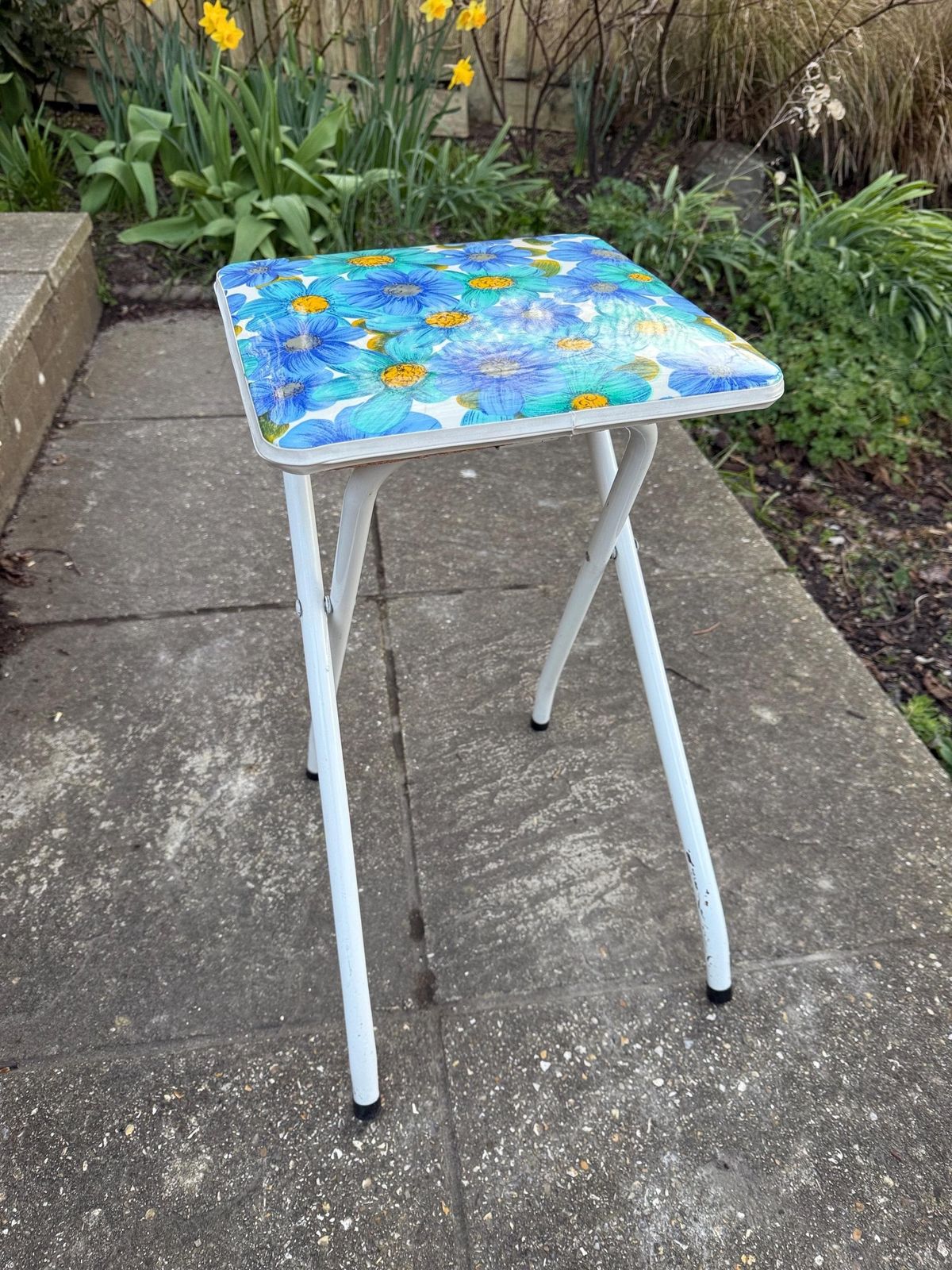 Retro Bright Blue Folding Floral Stool   Vintage Kitchen Stool, Folding Stool, Retro Stool, Playroom, Art Room Stool photo furniture