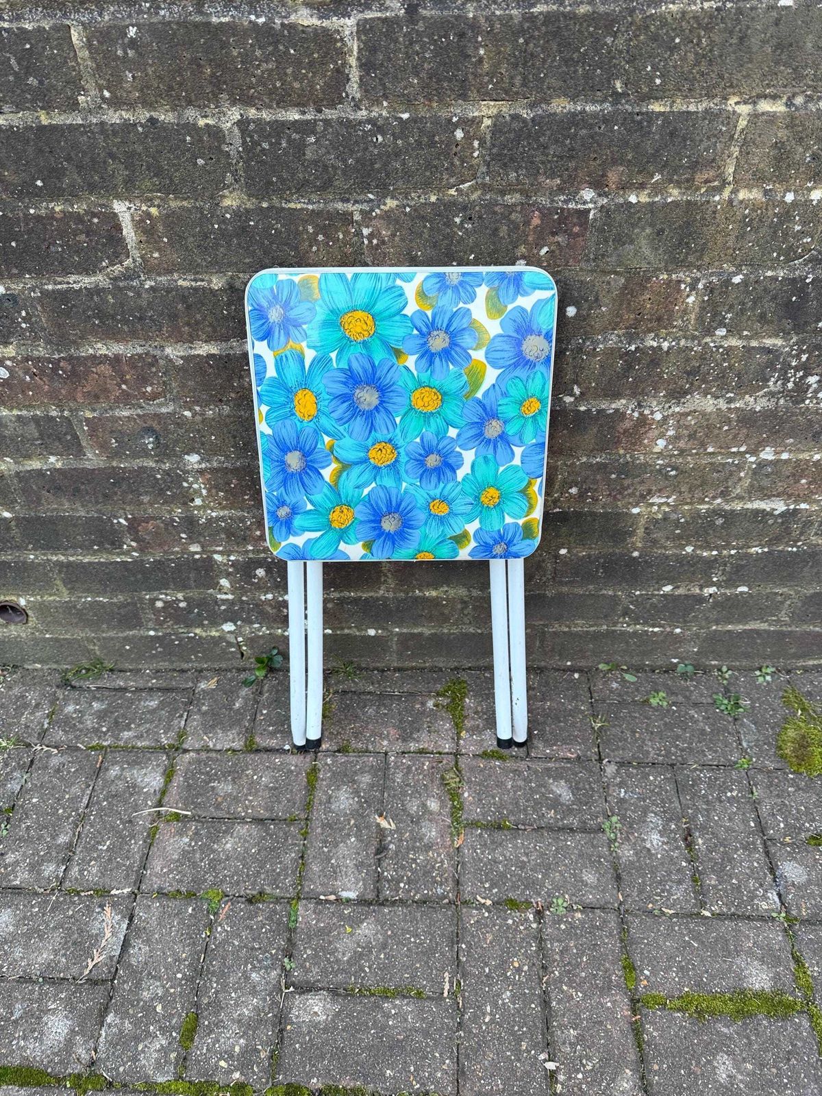 Retro Bright Blue Folding Floral Stool   Vintage Kitchen Stool, Folding Stool, Retro Stool, Playroom, Art Room Stool photo for sale