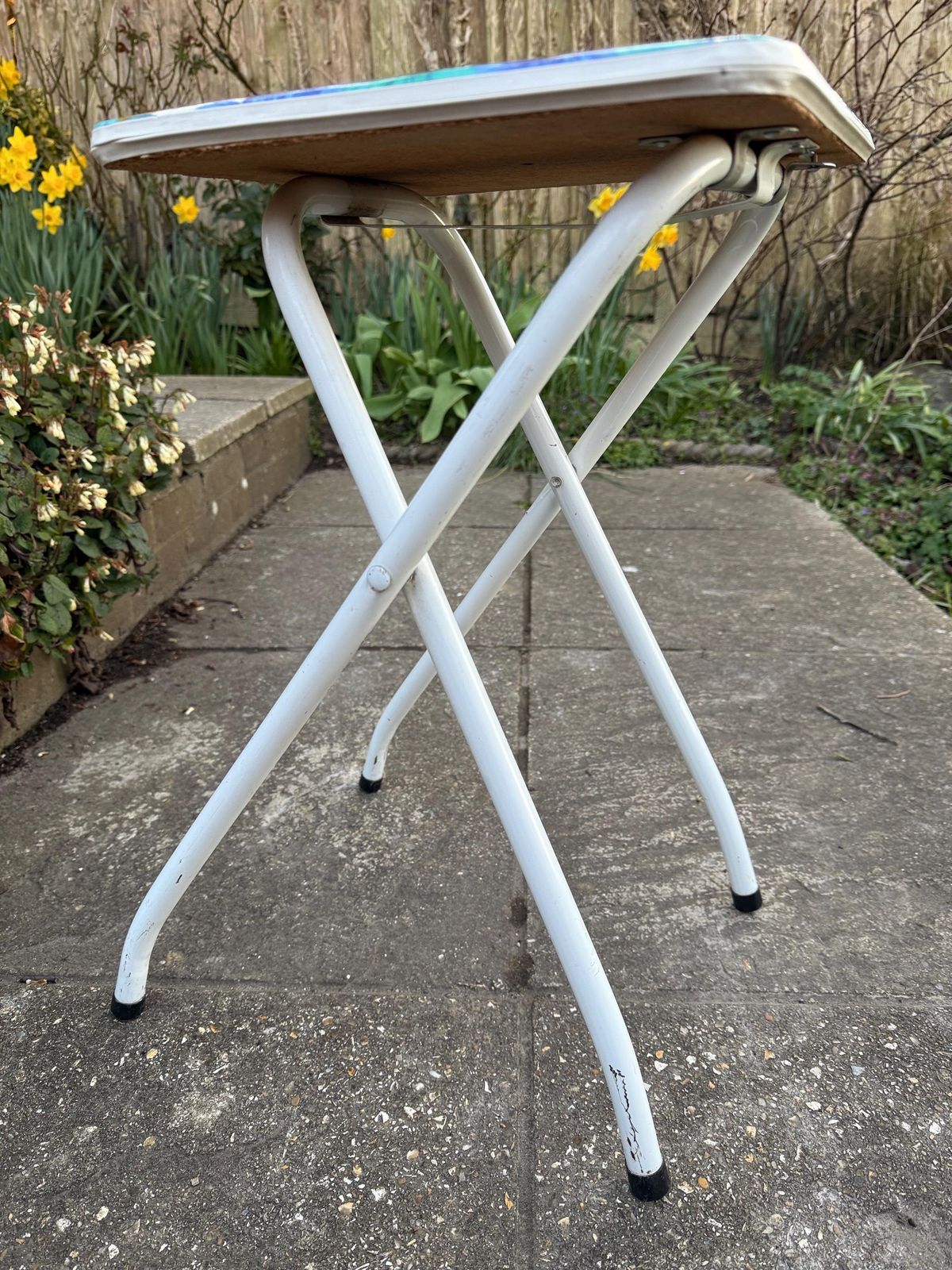 Retro Bright Blue Folding Floral Stool   Vintage Kitchen Stool, Folding Stool, Retro Stool, Playroom, Art Room Stool photo buy