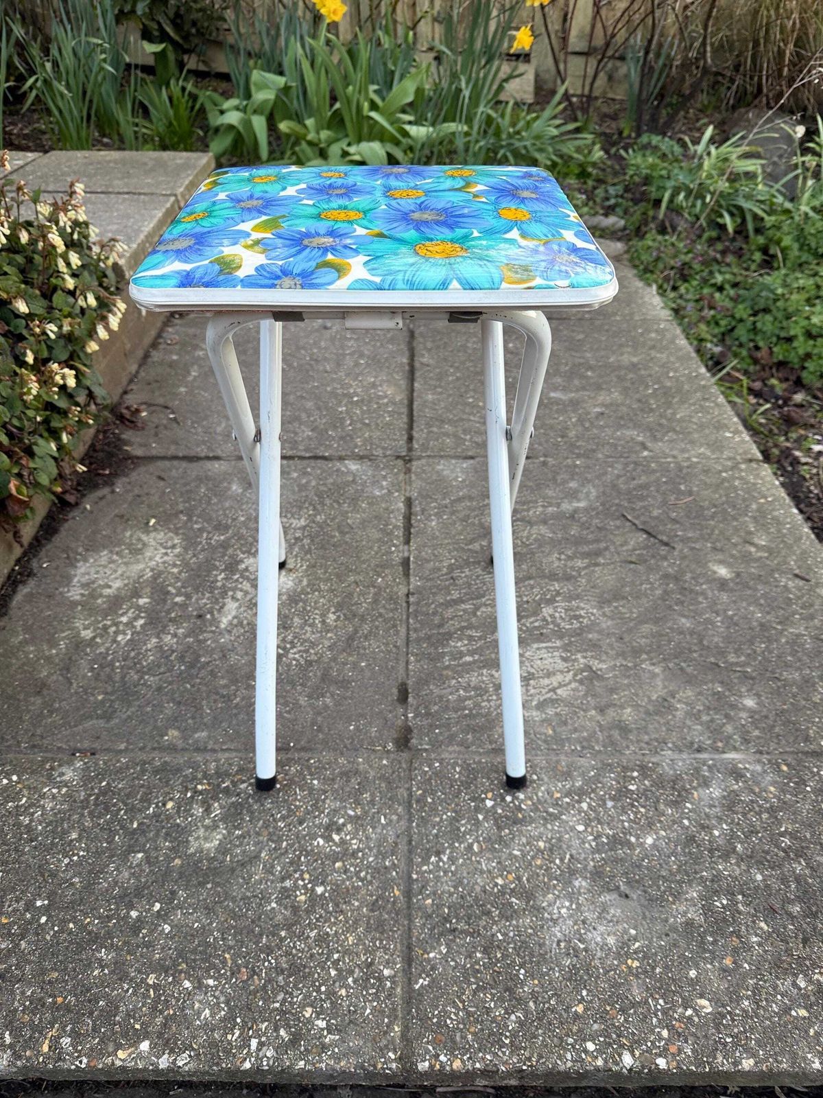photo furniture Retro Bright Blue Folding Floral Stool   Vintage Kitchen Stool, Folding Stool, Retro Stool, Playroom, Art Room Stool