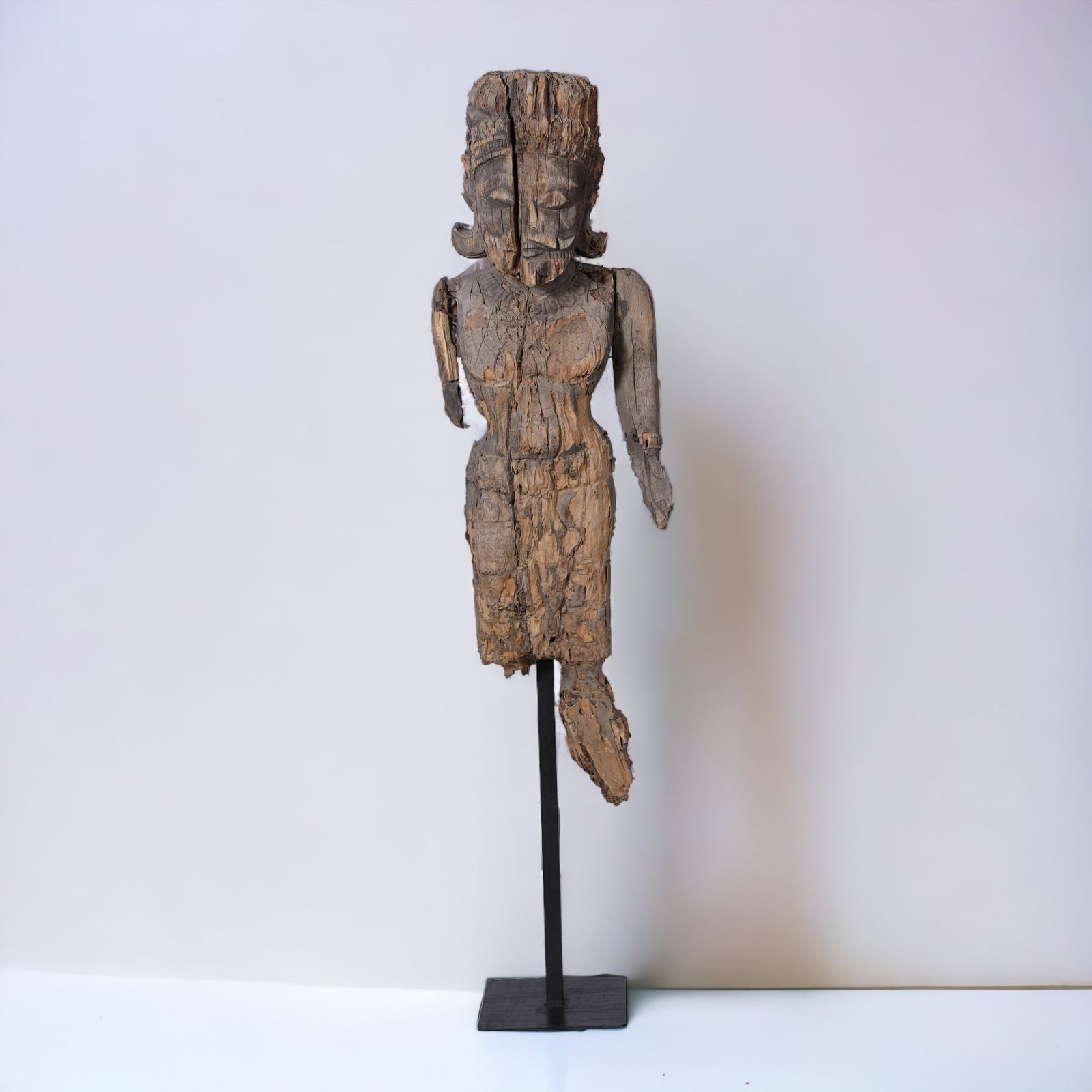 19th Century Hand Carved Indian King Sculpture | Antique Teakwood Figure On Iron Stand From Rajasthan photo Art