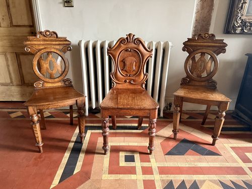 English Antique Oak Carved Armorial Hall Chairs X 3