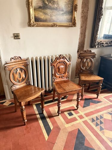 English Antique Oak Carved Armorial Hall Chairs X 3 photo furniture