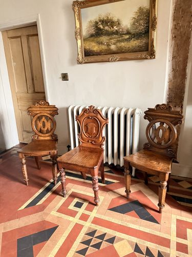 English Antique Oak Carved Armorial Hall Chairs X 3 photo Furniture