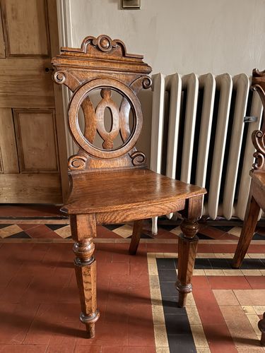 English Antique Oak Carved Armorial Hall Chairs X 3 photo vintage