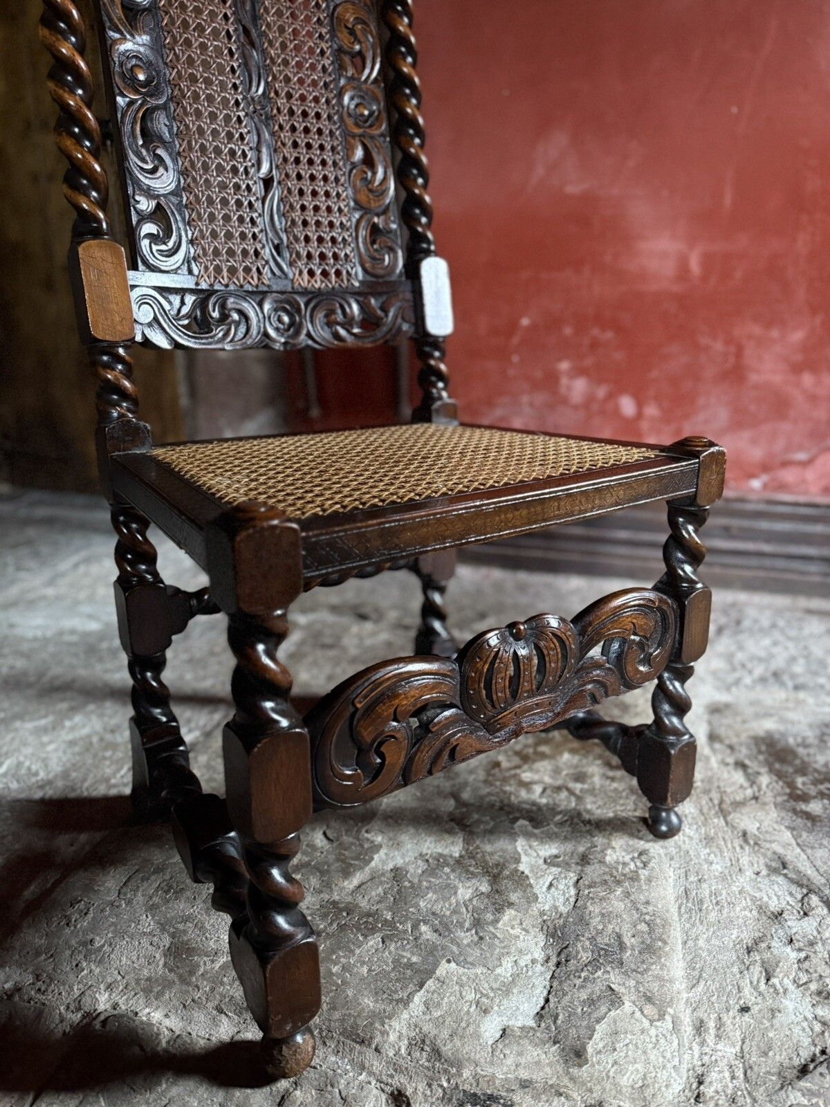 William And Mary Period Antique Walnut Hand Carved Ornate Hall Cane Chair photo buy