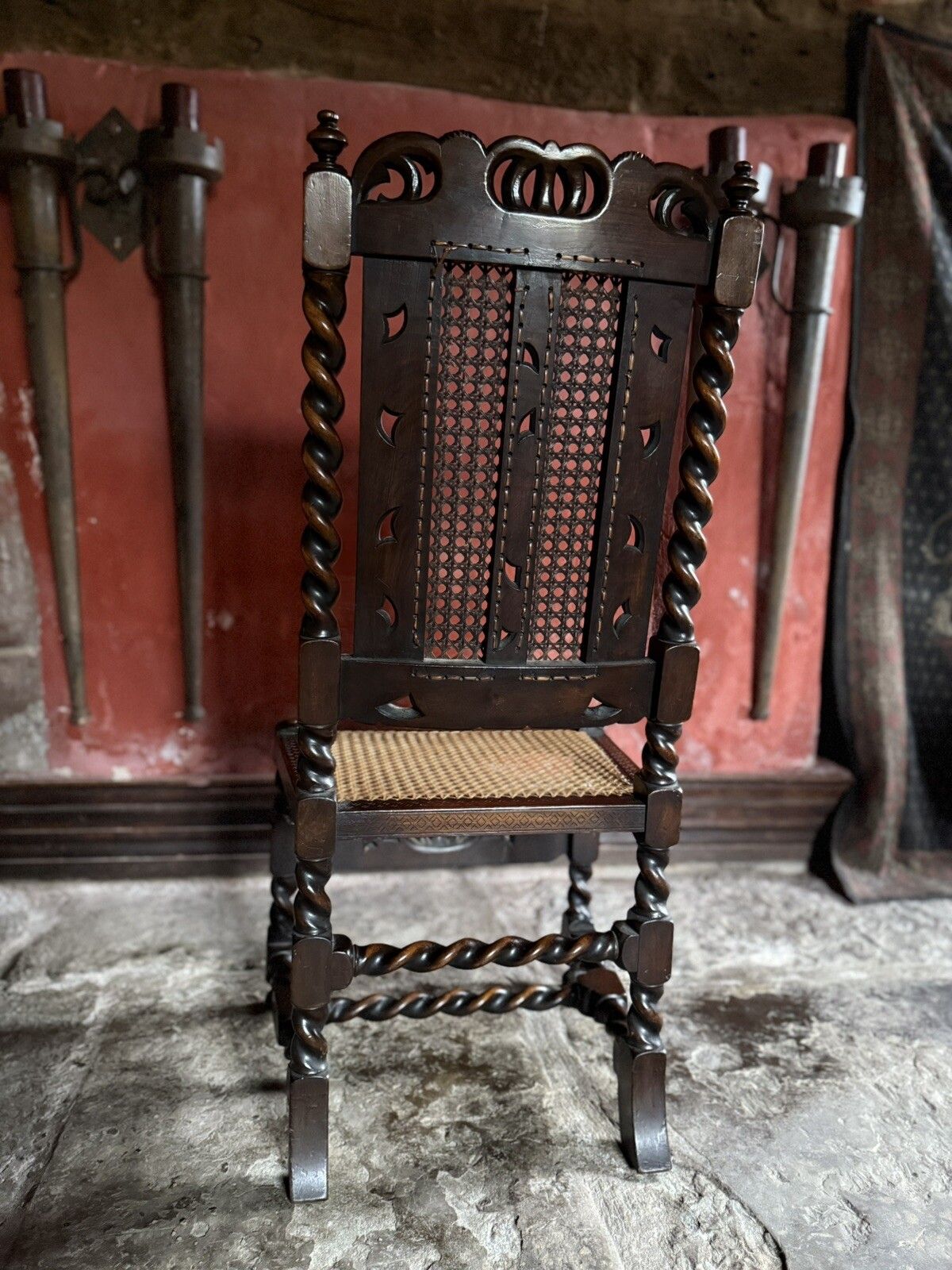 photo for sale William And Mary Period Antique Walnut Hand Carved Ornate Hall Cane Chair