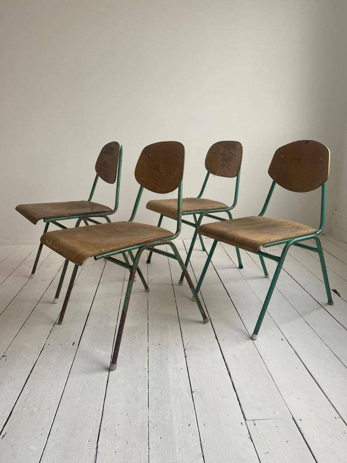 8x Vintage Mixed Metal Frame School Chairs  Solid Plywood Dining Seats Stacking Dining Study Studio Meeting Extra Guests Stackable Storage