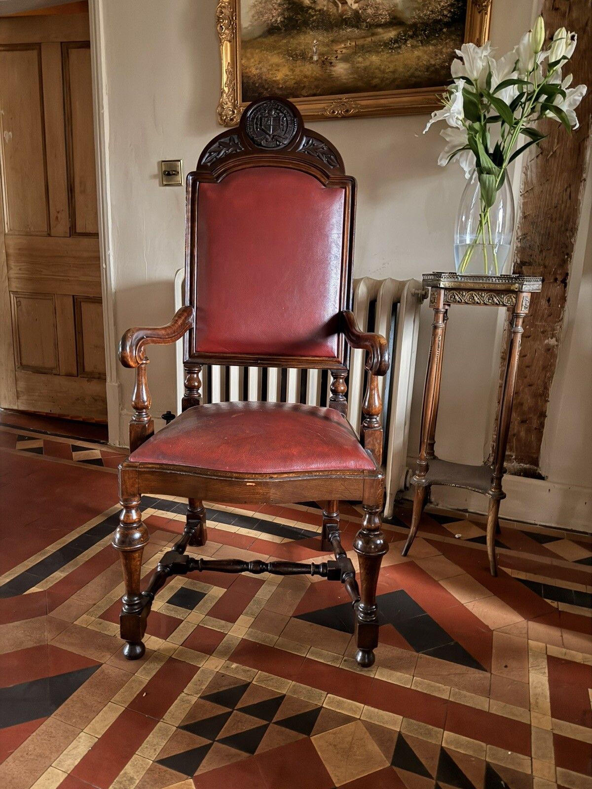 High Quality Antique Walnut Red Burgandy Leather Armchair Chair Circa 1900 photo for sale