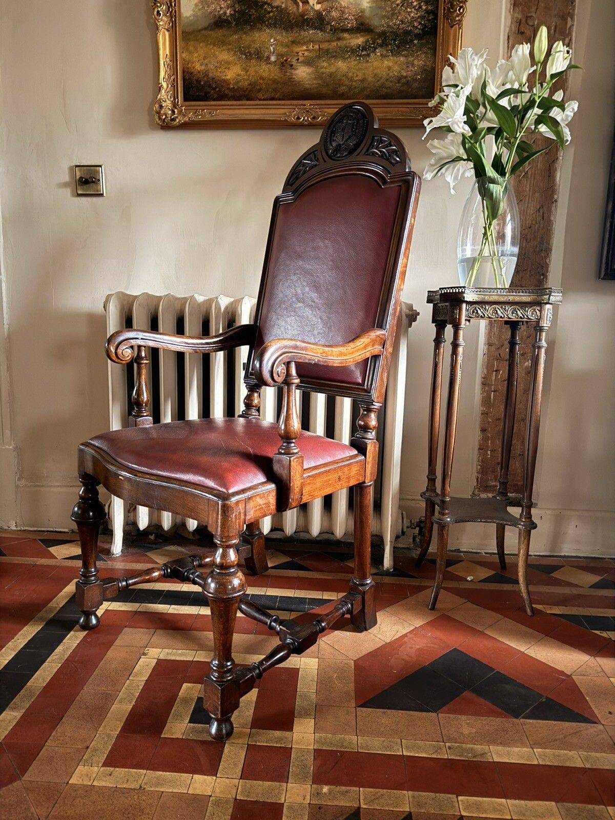 High Quality Antique Walnut Red Burgandy Leather Armchair Chair Circa 1900 photo Furniture