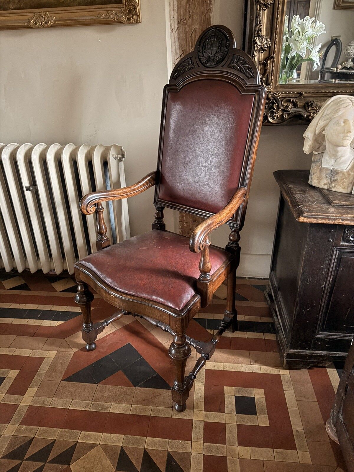 High Quality Antique Walnut Red Burgandy Leather Armchair Chair Circa 1900 photo vinterior