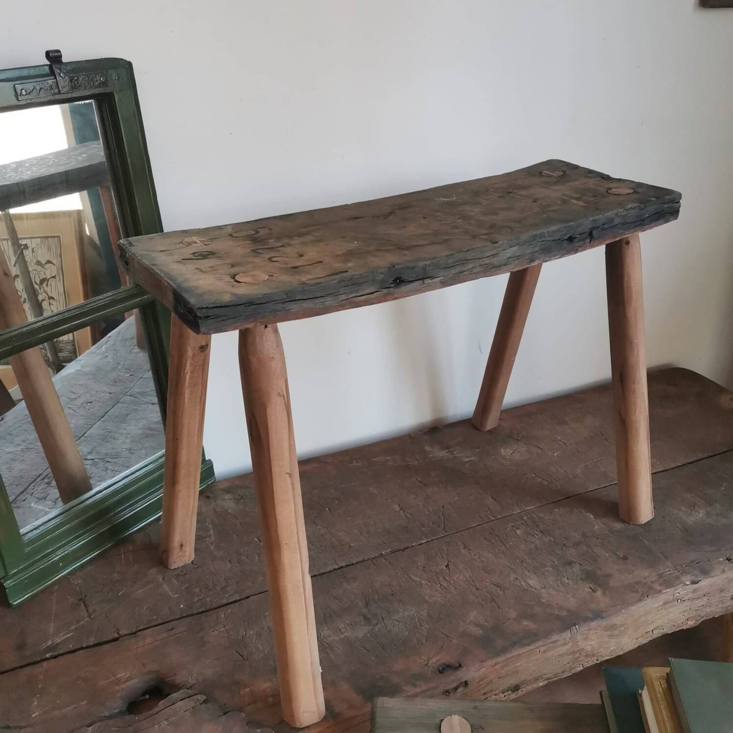 Vintage Rustic Antique Parlour Table – Handmade Hardwood Display Bench From Oak Barrel, Unique Farmhouse Charm & Timeless Craftsmanship