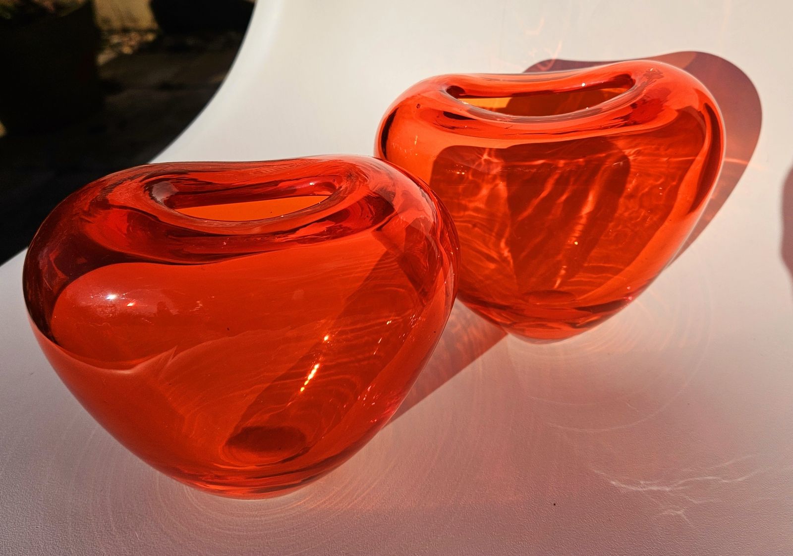 Pair Of Chunky Glass Heart Vases In Electric Orange