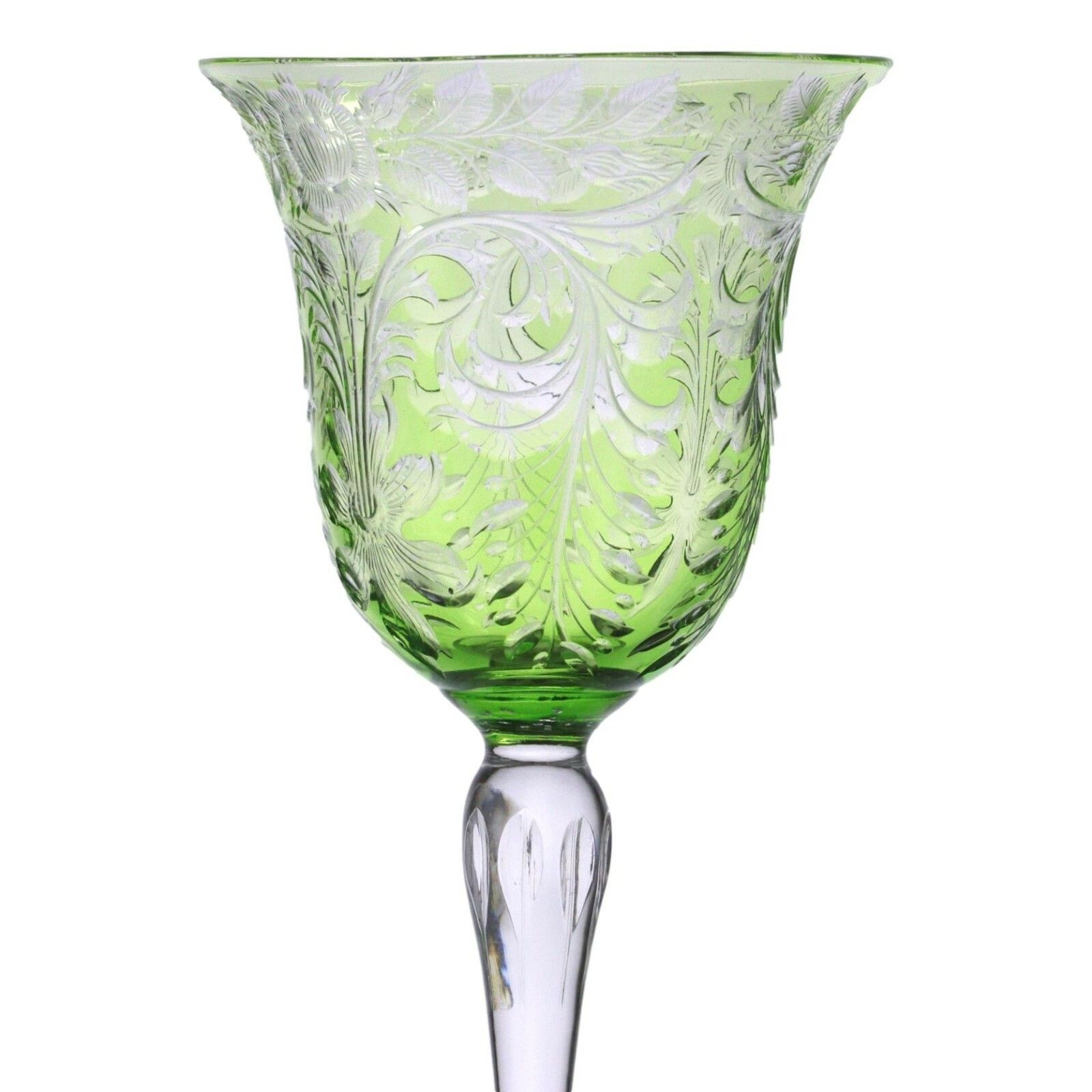 Stevens & Williams Crystal Green Fantasy Cut Wine Glass 6 1/2" photo for sale