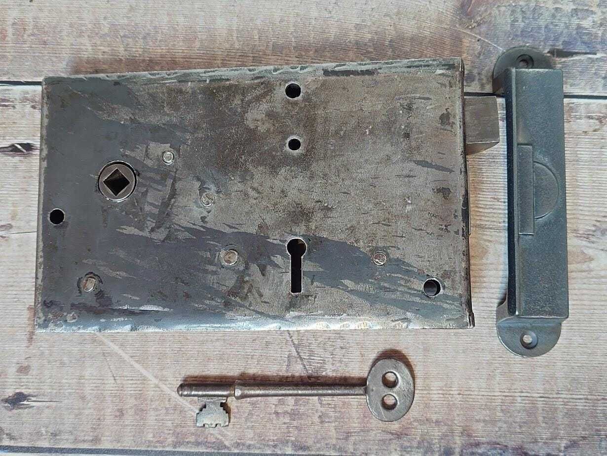Heavy Antique Lock With Iron Keep And Key, Old Rim Lock, Salvaged Steel Lock photo furniture
