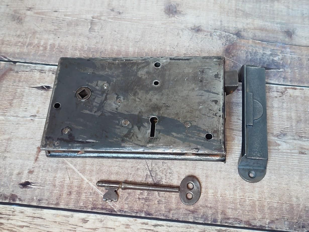 Heavy Antique Lock With Iron Keep And Key, Old Rim Lock, Salvaged Steel Lock photo for sale