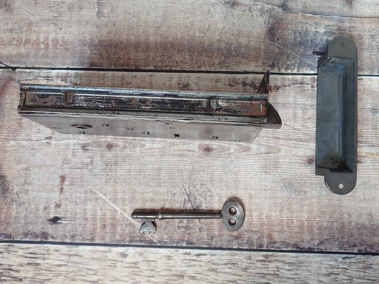 Heavy Antique Lock With Iron Keep And Key, Old Rim Lock, Salvaged Steel Lock photo 80.0