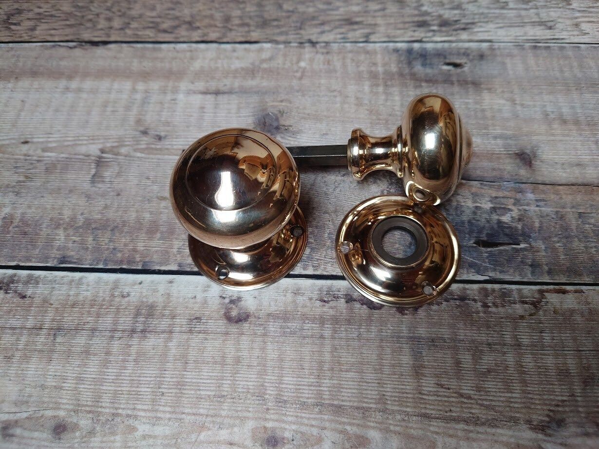 1 Pair Antique Copper Brass Door Knobs, Victorian Rose Brass Door Knobs, Gibbons Wolverhampton Brass Door Knobs photo furniture