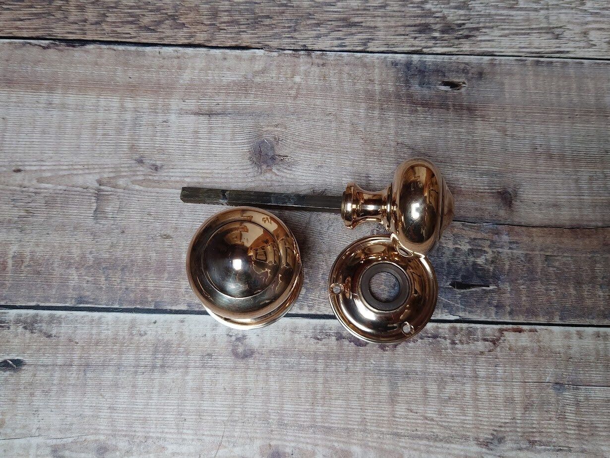 1 Pair Antique Copper Brass Door Knobs, Victorian Rose Brass Door Knobs, Gibbons Wolverhampton Brass Door Knobs photo for sale