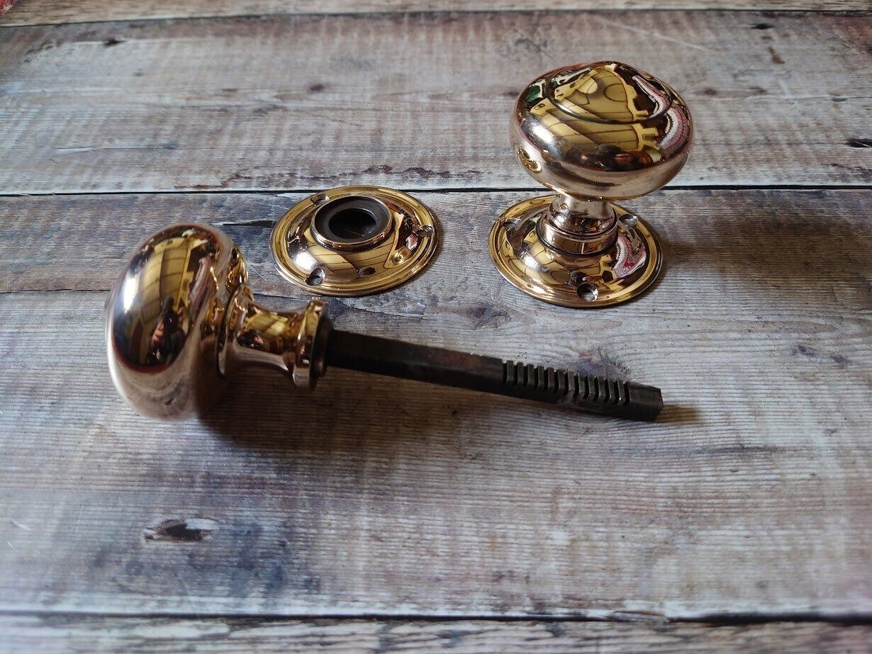 1 Pair Antique Copper Brass Door Knobs, Victorian Rose Brass Door Knobs, Gibbons Wolverhampton Brass Door Knobs photo buy