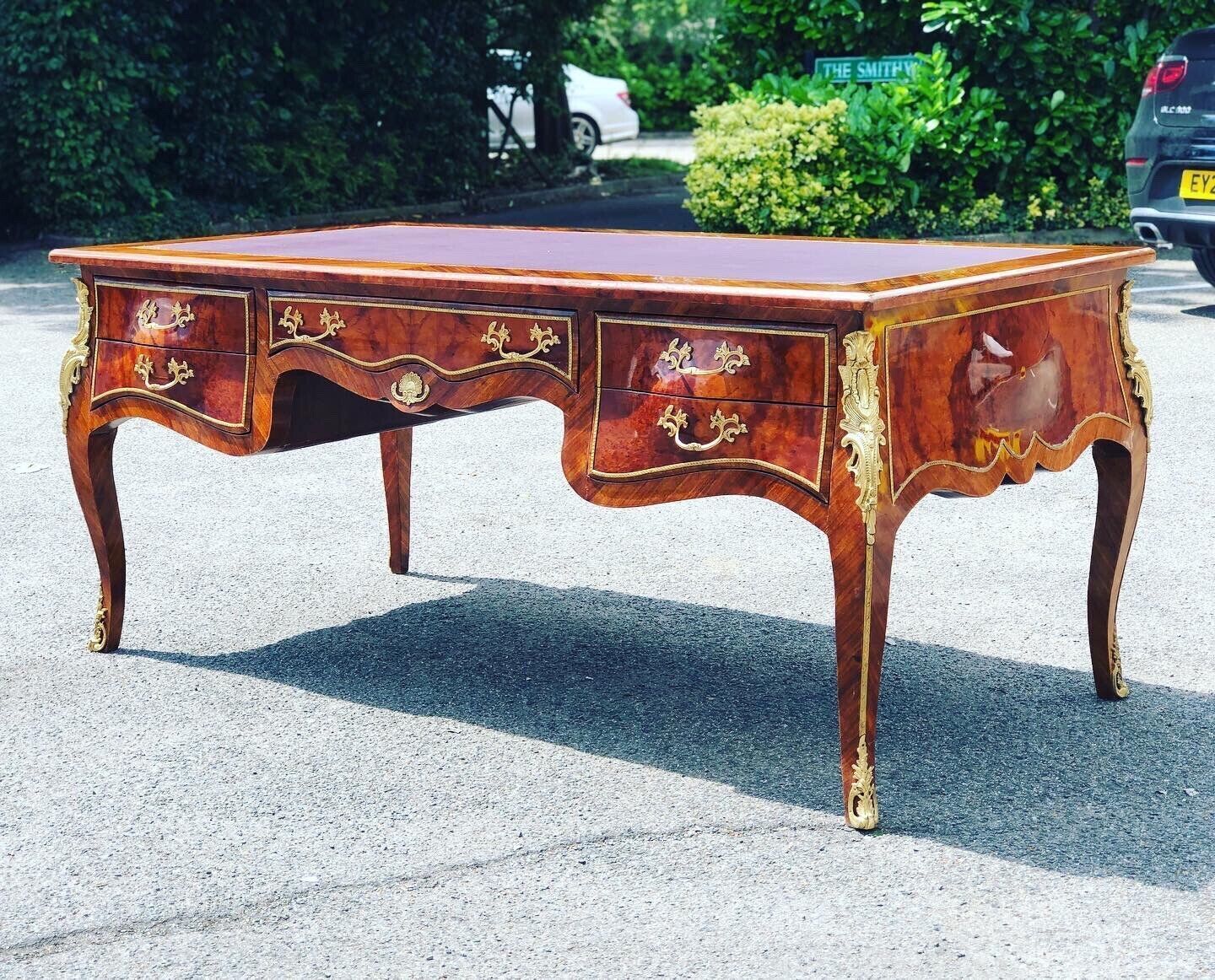 French Empire Style Large Inlaid Kingswood Desk With Brass Decoration photo furniture