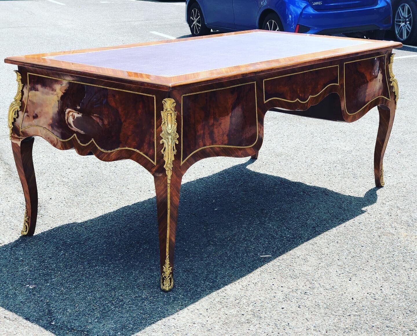 French Empire Style Large Inlaid Kingswood Desk With Brass Decoration photo vintage