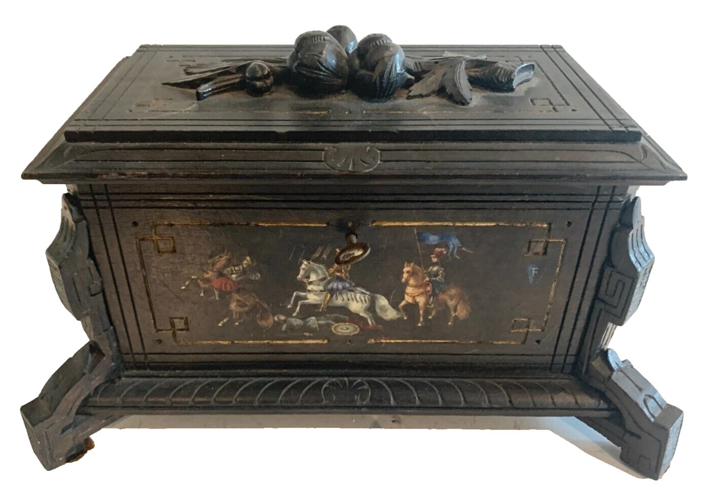 Black Wooden Carved Jewelry Box With Polychrome Decor 19th Century