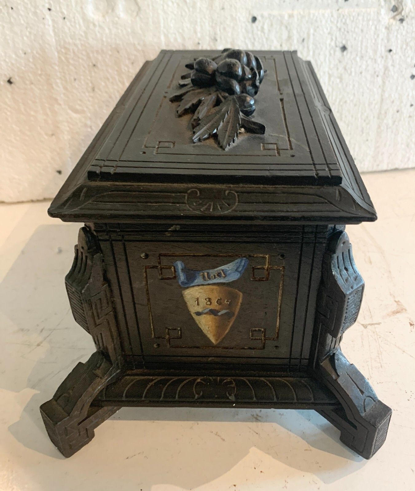 photo for sale Black Wooden Carved Jewelry Box With Polychrome Decor 19th Century
