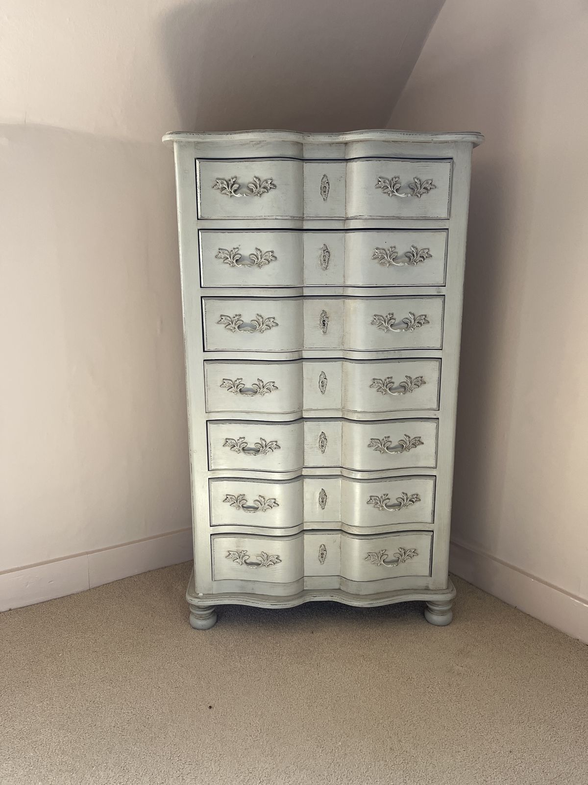Tall French Grey Vintage Chest Of Drawers