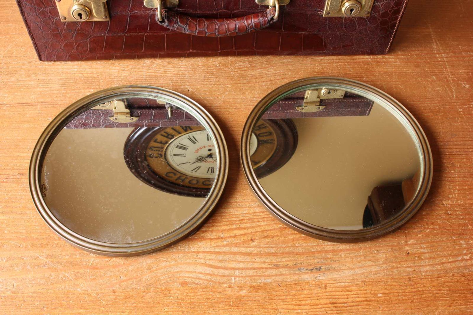 Pair Of Antique Bronze Round Mirrors. Two Hanging Wall Mirrors. C1900. photo vinterior