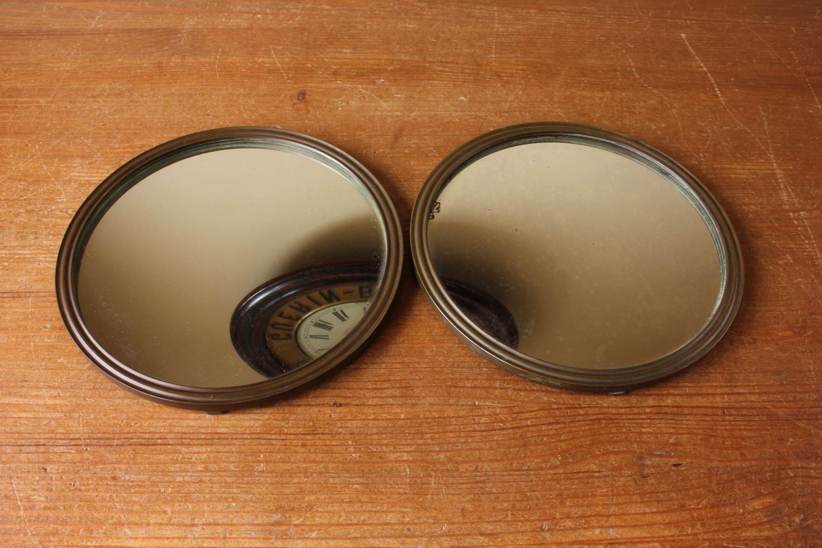 435.0 Pair Of Antique Bronze Round Mirrors. Two Hanging Wall Mirrors. C1900. photo