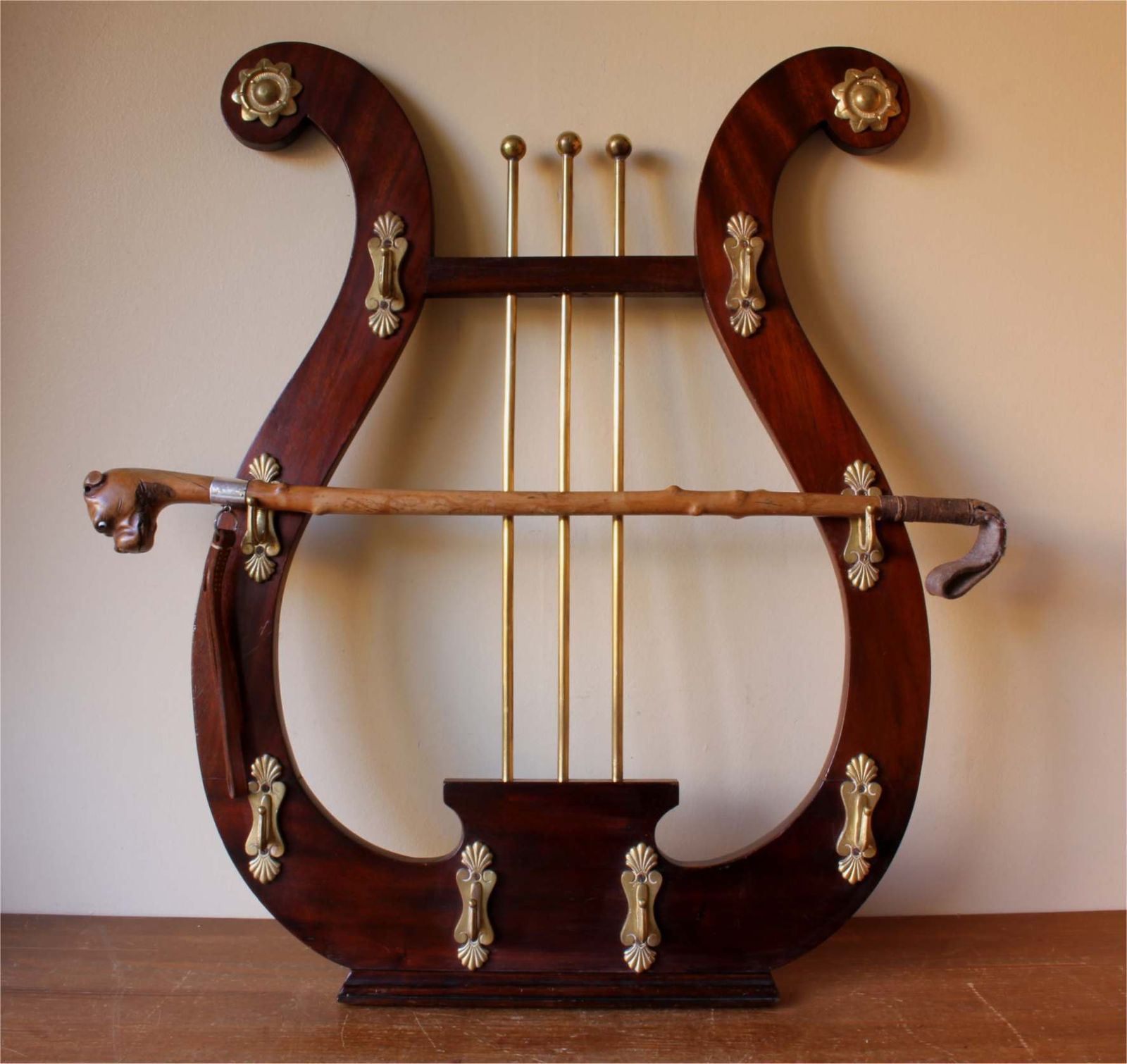 Lyre Shaped Riding Whip Rack. Victorian Wood & Brass Hat Coat Hook Stand. photo for sale