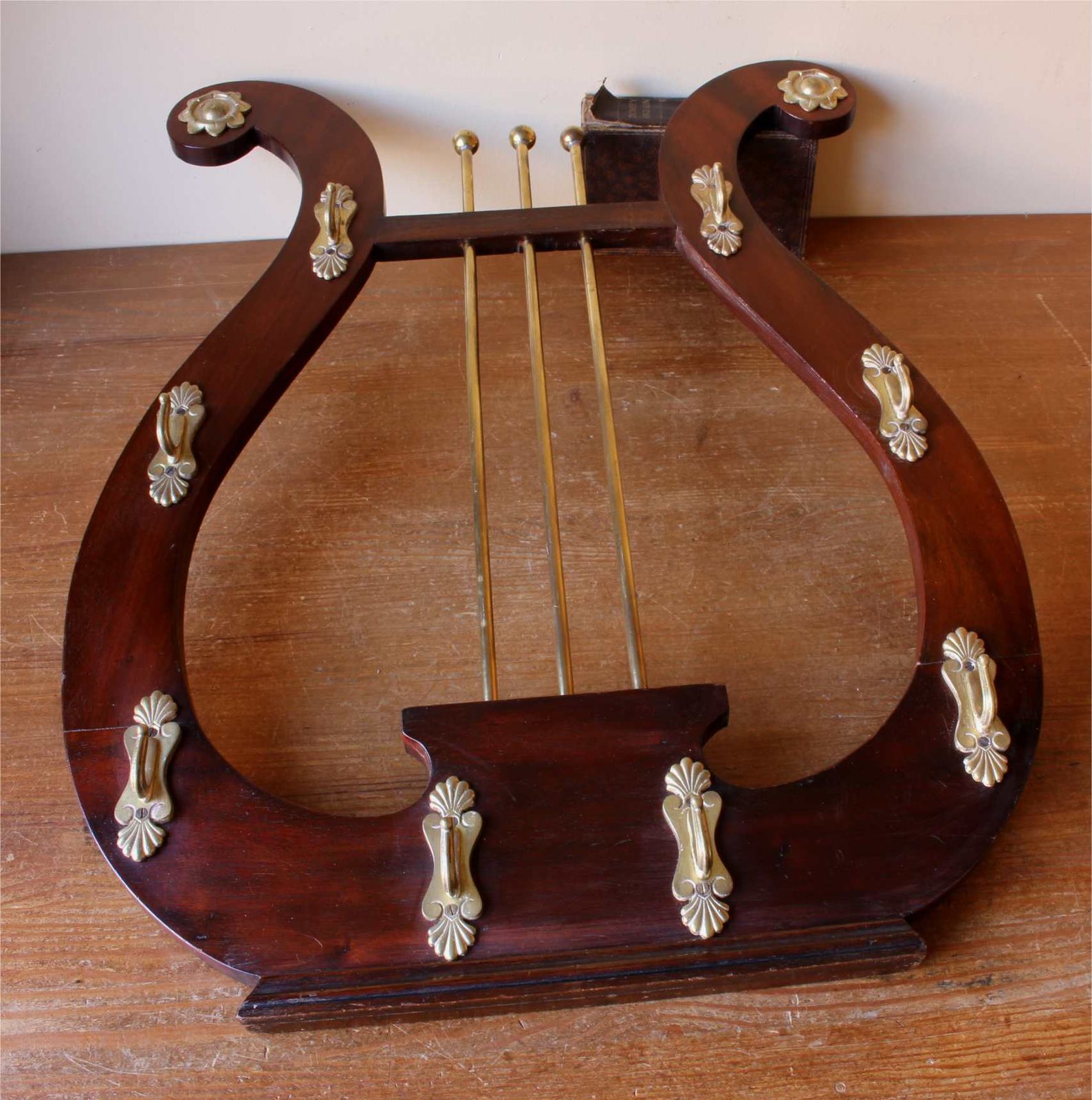 Lyre Shaped Riding Whip Rack. Victorian Wood & Brass Hat Coat Hook Stand. photo vinterior