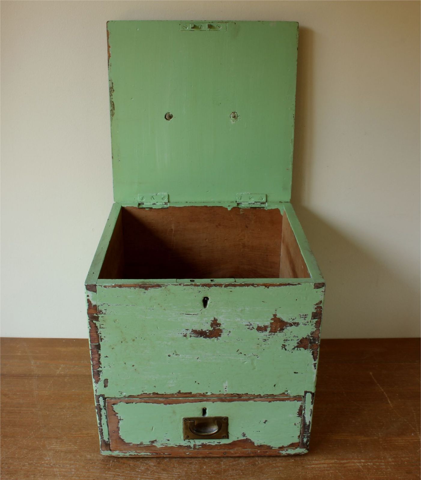 Wood Green Painted Pine Cabinet. Rustic 19th Century Drawer Storage Box. photo 345.0