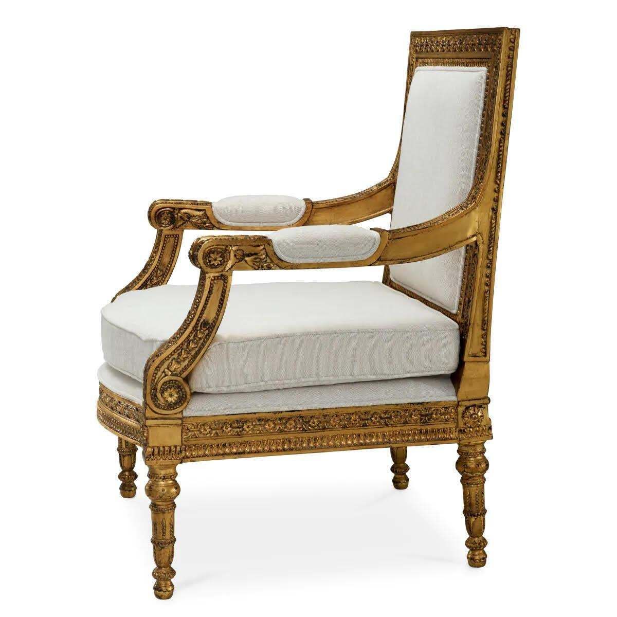 Pair Of Louis XVI Style Armchairs In Gilded Wood. photo for sale