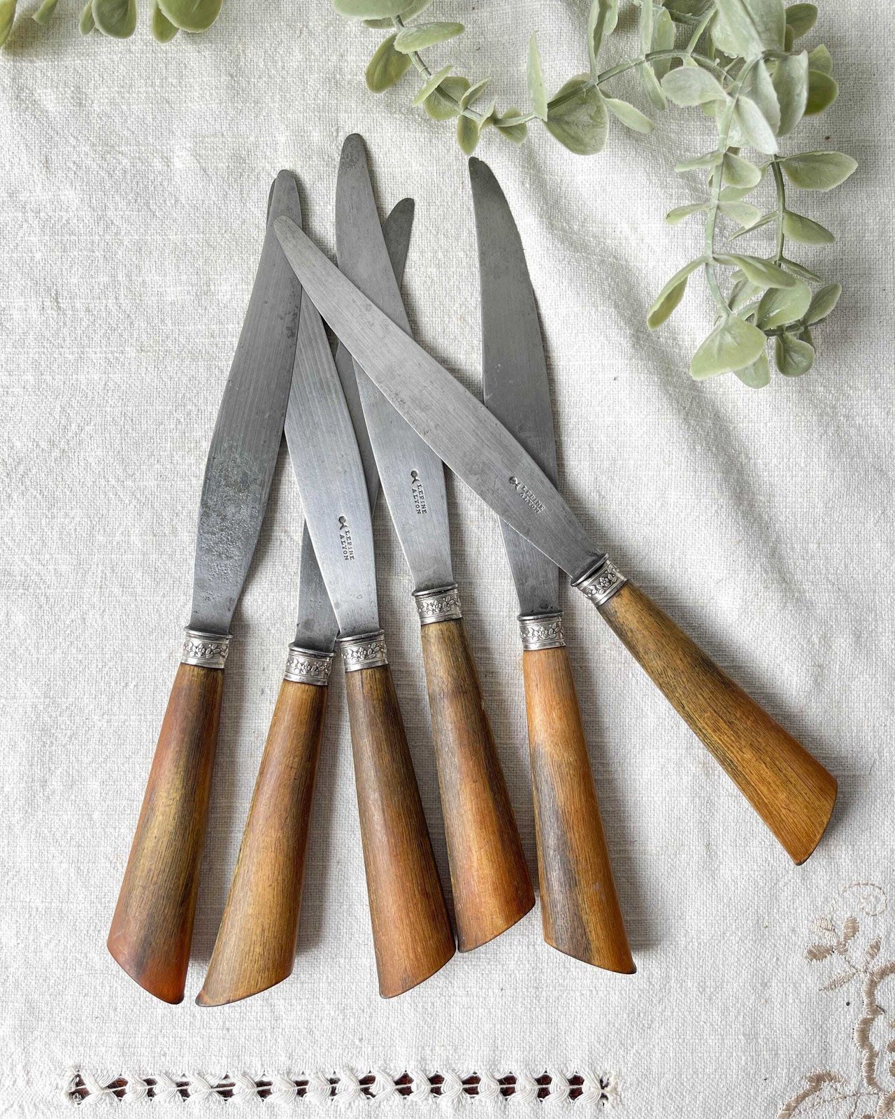 6 Vintage Horn Knives Silver Steel Blade Lepine A Lyon France 19th Century   Antique Cutlery   Kitchen Utensils   Vintage Tableware
