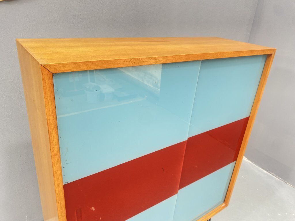Dřevotvar Hradec Králové Cabinet With Metal Legs And Colored Glass photo 648.0