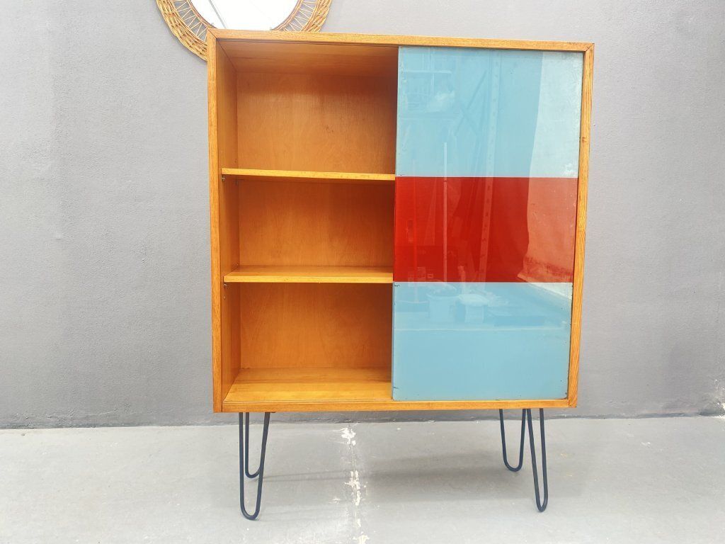 photo vintage Dřevotvar Hradec Králové Cabinet With Metal Legs And Colored Glass